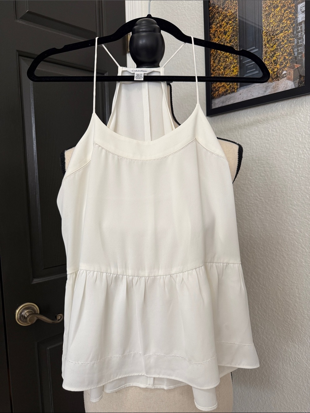 Calvin Klein White Spaghetti-Strap Layered Peplum Camisole